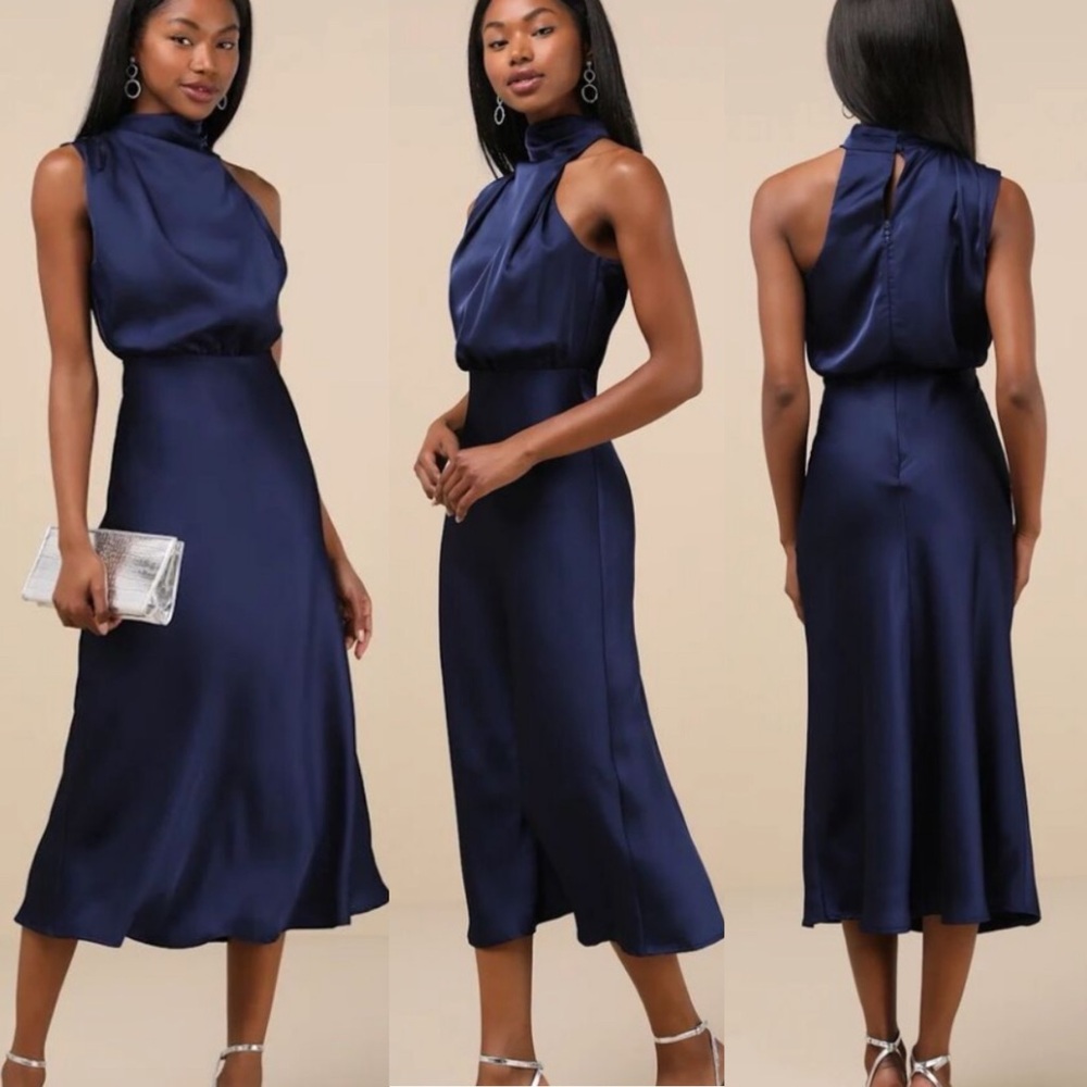 Lulus NWT Distinctive Charm Satin Asymmetrical Midi Dress in Navy Size XS
